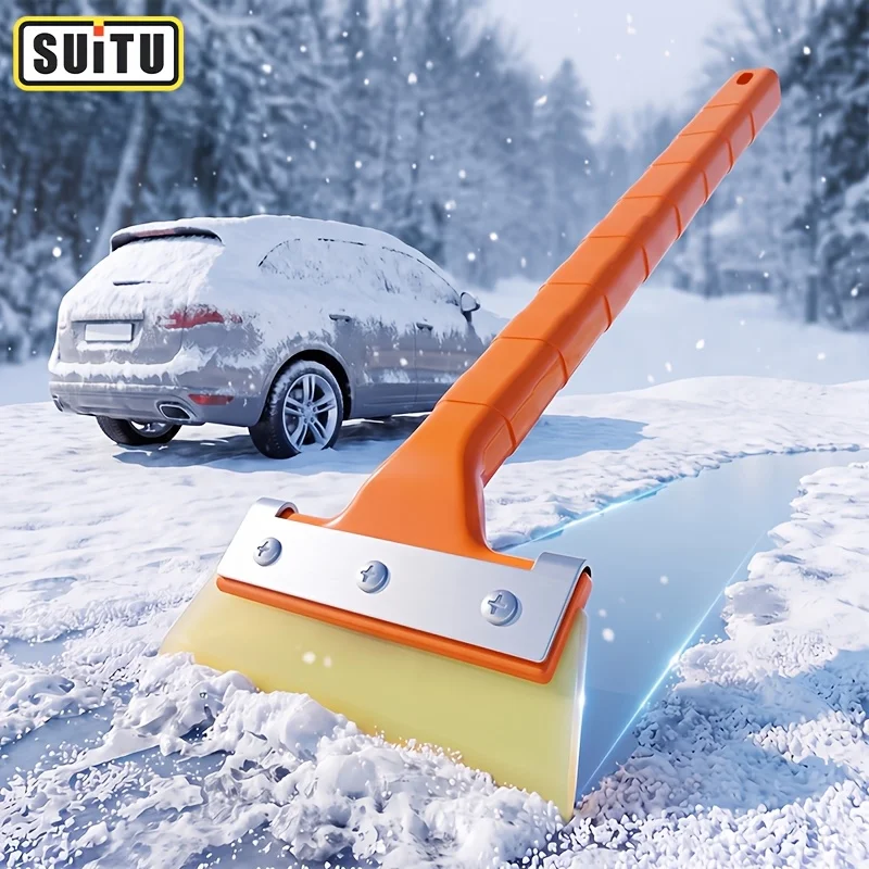 1pc Snow Shovel for Car Flexible Ice Scraper Soft Blade Protect Glass Extended Orange Anti Slip Handle with Hanging Hole Storage