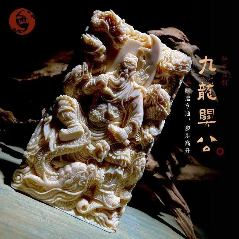 Original Mammoth Ivory Handmade Nine LongLong Dragon God Of Wealth Lord GuanYu Pendant Brand Lucky Ward Off Evil Men's Amulet