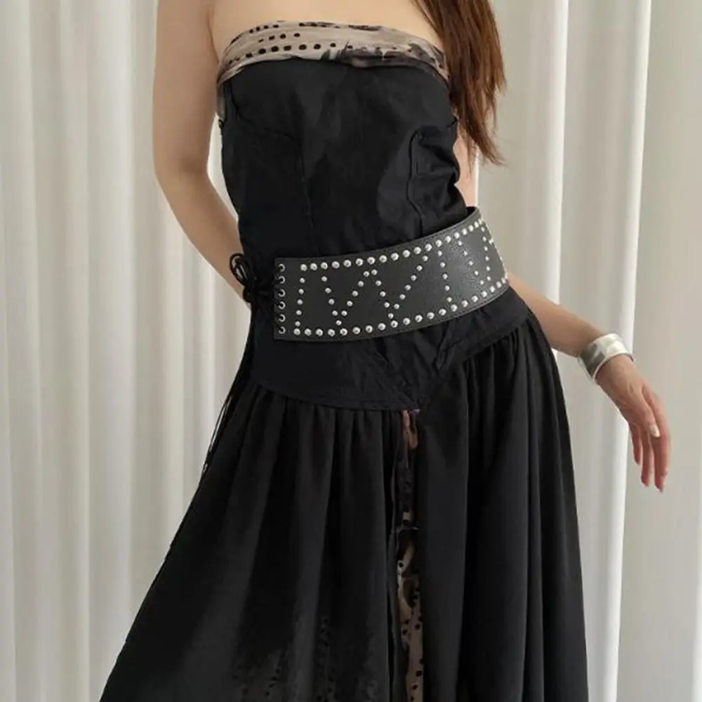トレンドヴィンテージクロスリベットベルトワイドY2Kレザーウエストベルトヘビーデューティーブラックレディースドレスベルトストリートウェア