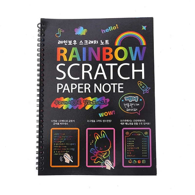 2PCS Scratch Paper Notebook Black DIY Rainbow Art Paper Card Neon Scratch Book With Wood Stick