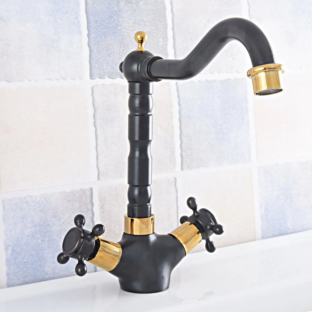 

Black&Golden Bathroom Basin Sink Faucet 360 Swivel Spout for Bathroom and Kitchen Dual Handles Hot Cold Water Mixer Tap Nsf799