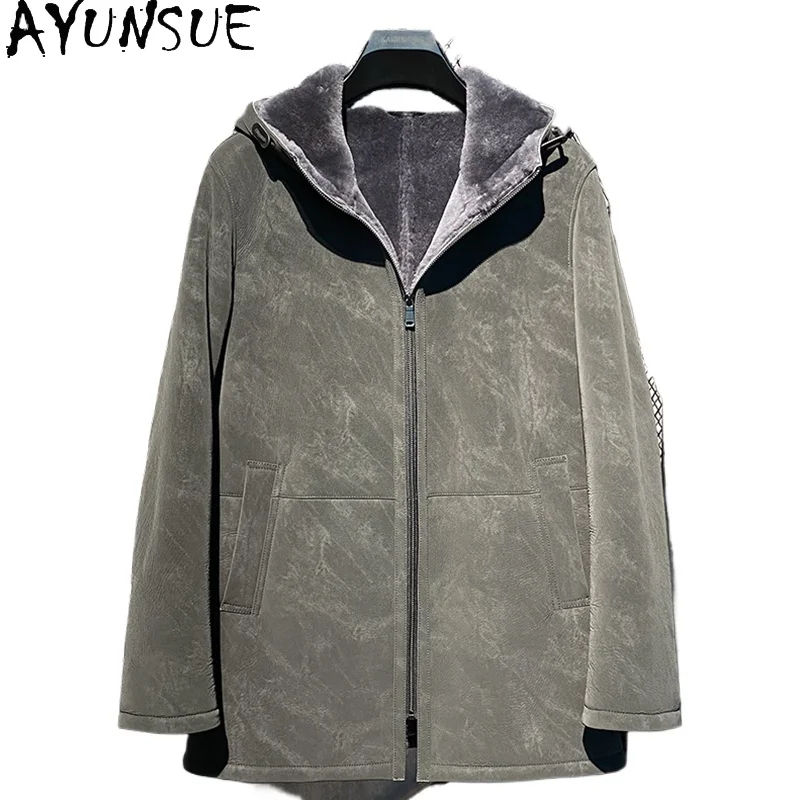 

AYUNSUE100% натуральное меховое пальто мужская осень-зима теплая куртка из натуральной овчины мужская одежда шубы с капюшоном средней длины