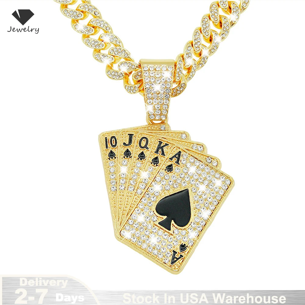 

18K Gold Plated Hip-Hop Iced Out Spades Playing Card Necklace Men's Personalized Street Hip-Hop Rock Trend Jewelry from US Stock
