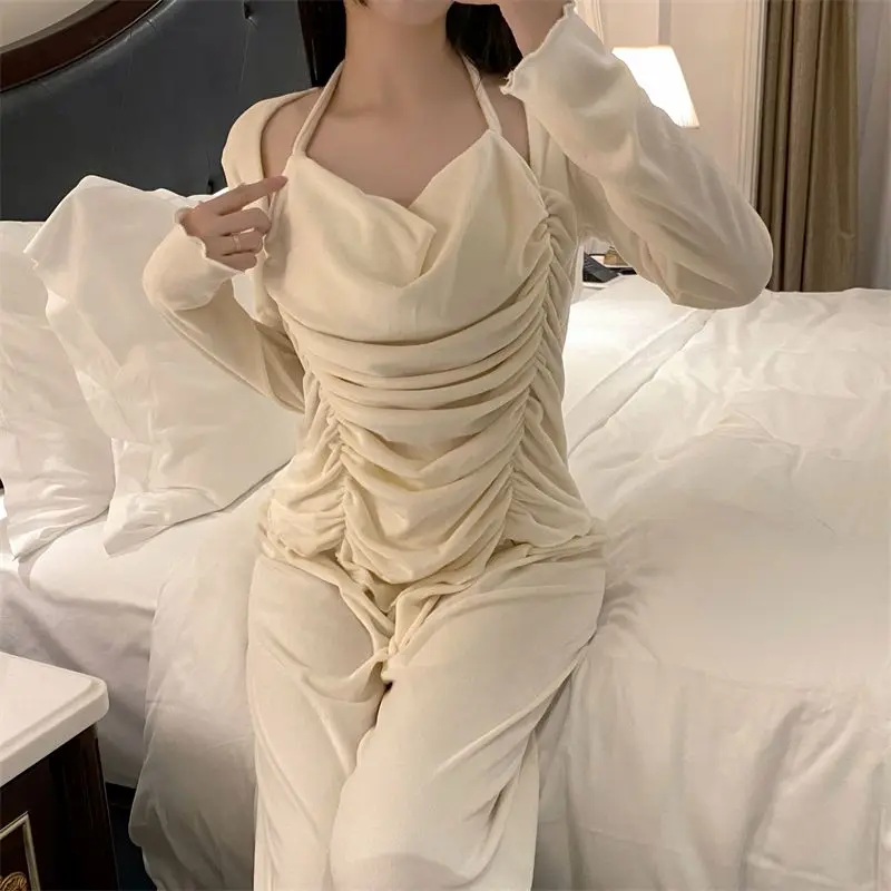 Island Velvet Pajamas Women's Autumn Winter 2024 New Thin Velvet Sweet Sleepwear Two-Piece Set Solid Color Casual Homewear Suit