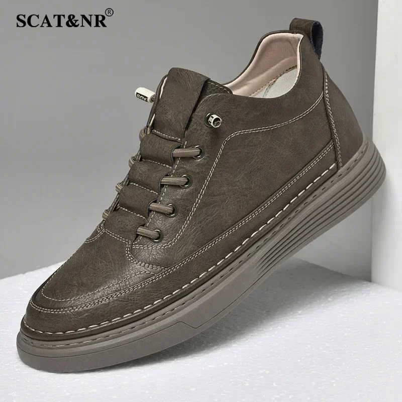 Sapatos de aumento de couro genuíno elevador sapato aumento de altura calçado masculino palmilha 6cm tênis skate