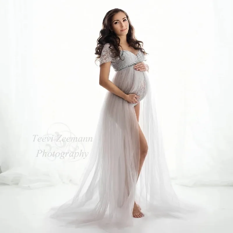 Maternity Photography Dresses Pregnancy Lace Bodysuit  Tulle Long Sides Slit With Flying Dress Pregnant Woman Photo Shoot Outfit - view 4