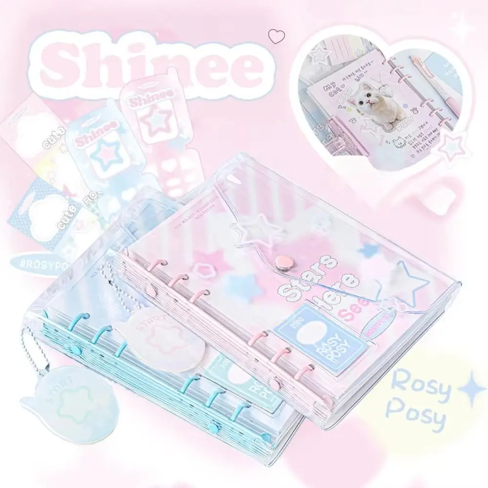 

Cute Cartoon Loose-Leaf Notebook Snap Button Notepad Practical Star Diary Book Hand Account PVC Handmade Full Color Notebook