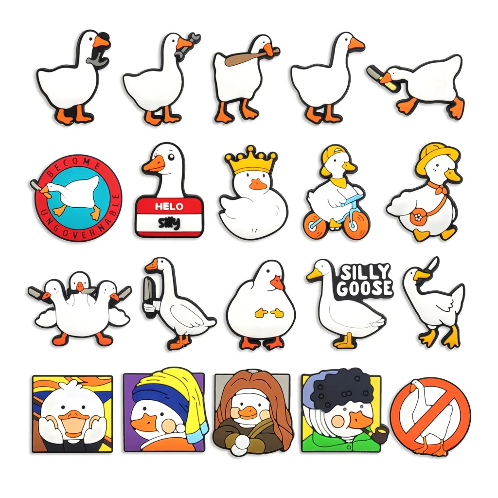 20Pcs Set Hi-Q Cute Silly Goose Cartoon Rubber Shoe Charms For Slides Sandals DIY Custom Accessories PVC Shoe Decoration Charms