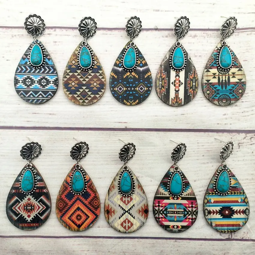 Turquoise Teardrop Wooden Aztec Teardrop Earrings 2023 New Ethnic Geometric Pattern Western Women Accessories Jewelry Wholesale