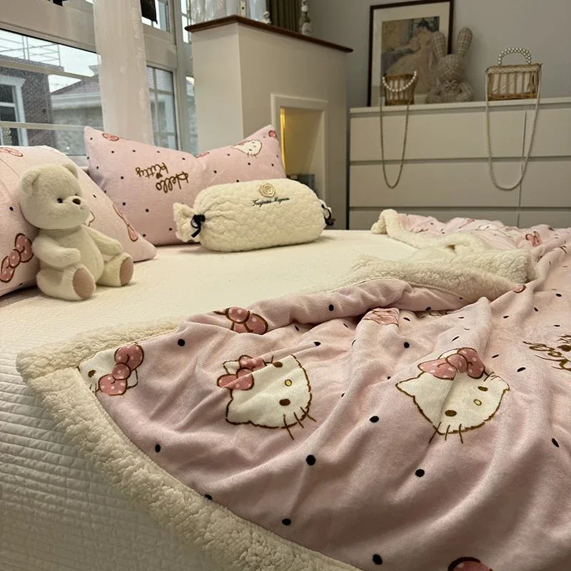 Sanrio Hello Kittys Pink Bow Lamb Velvet Blanket Winter Thickened Warm Milk Coral Velvet Blanket Quilt Cover Sofa Office Blanket