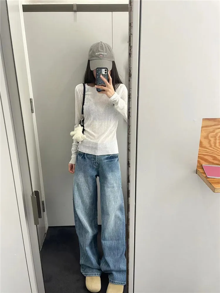 

American Retro Low Waist Wide Leg Jeans Women Loose Slim High Street Tall Extended Floor Length Trendy INS Summer Jeans