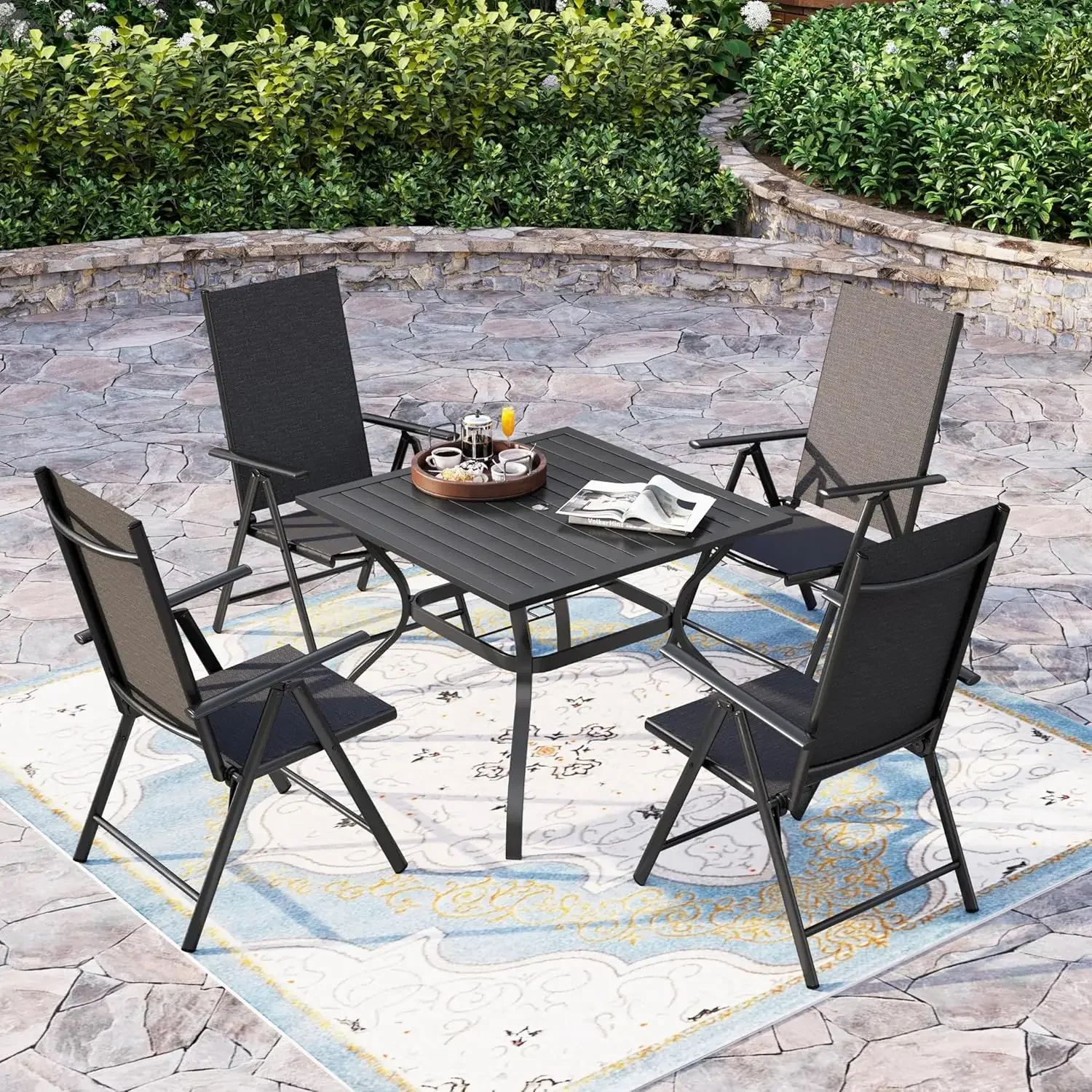 

5 Piece Folding Patio Dining Set, Outdoor Patio Furniture Table Set with 4 Adjustable Foldable Textilene High Back Sling Chairs