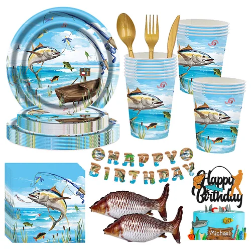낚시 테마 파티 식기 세트 종이 접시 냅킨 컵, 어부 어린이 생일 베이비 샤워, 해물 파티 장식 용품