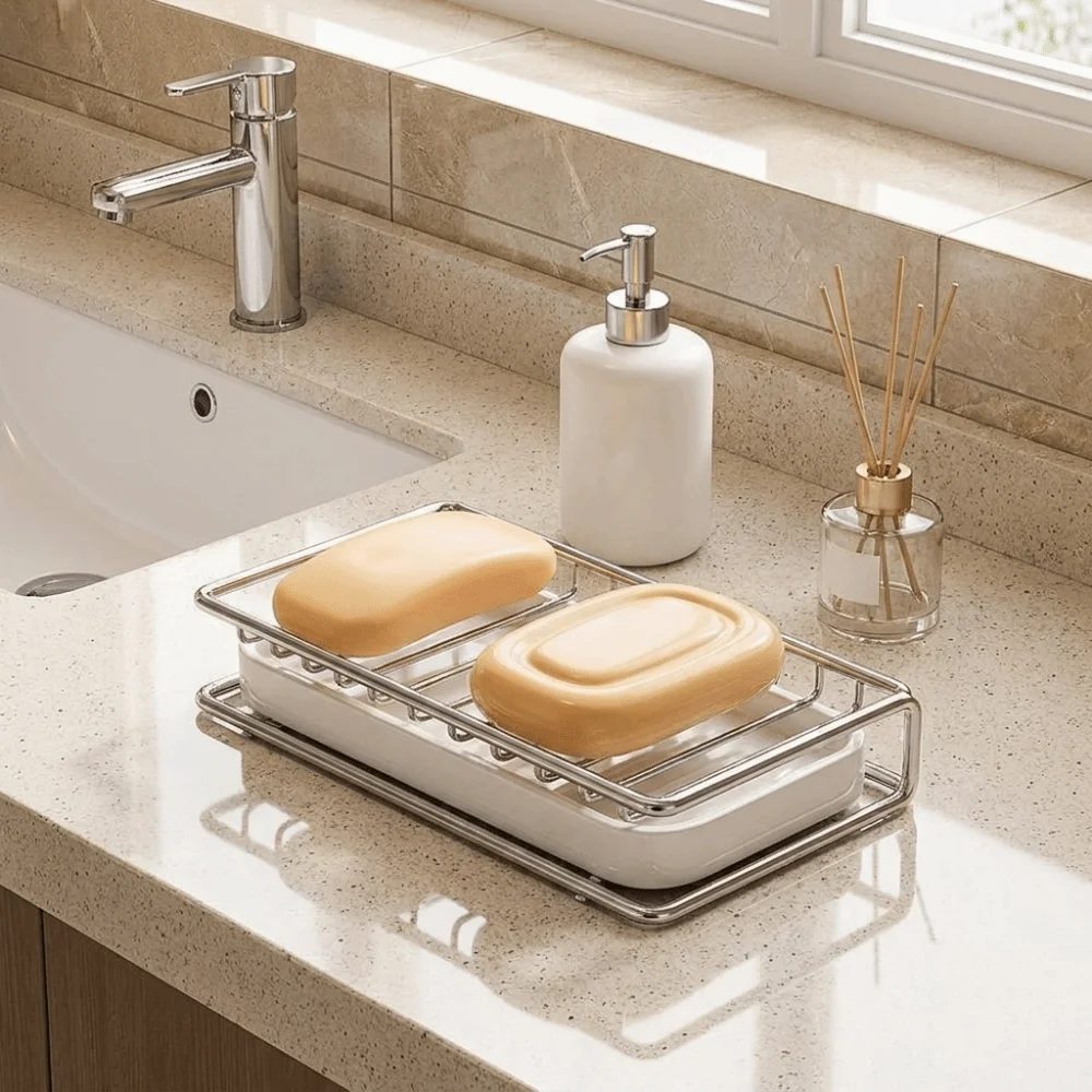 Stainless Steel Soap Rack with Drainage Tray Rust-resistant Space Saving Soap Storage Rack Waterproof Moisture-Proof