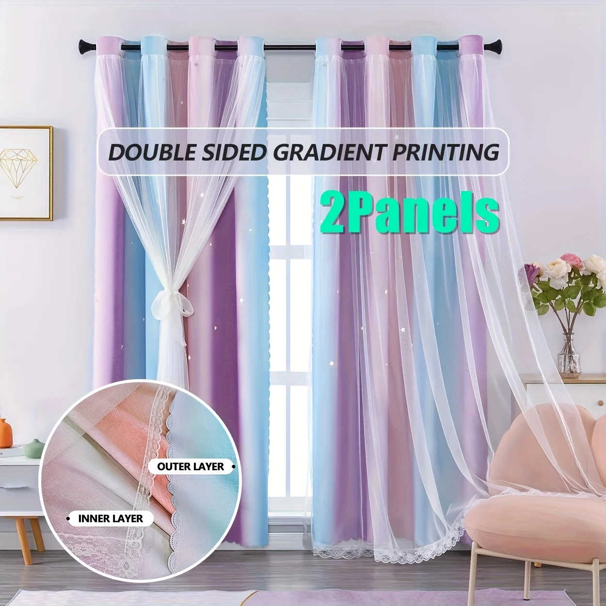 

2Panels Elegant Purple Double-Sided Gradient Double-Layer Gauze Star Curtains Can Be Used on Both Sides, Privacy Protection Blackout Partition Decorative Curtains, Suitable for All Seasons