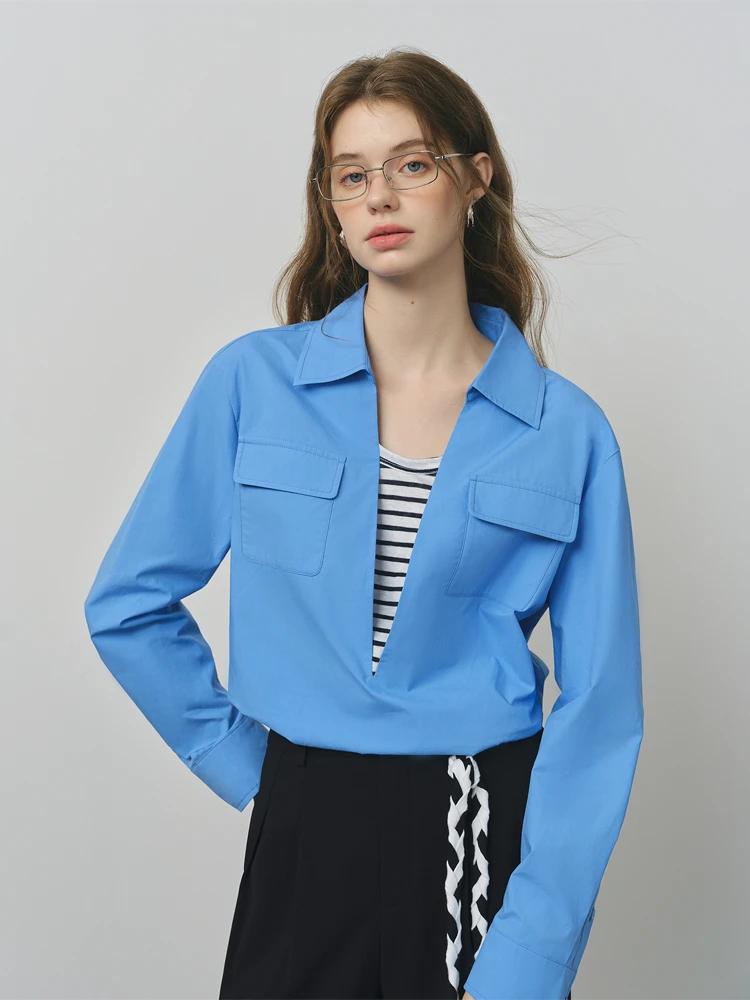 

Commute Sle Loose Long Sve Overhead Women's irt Color Blo Fake Two-Piece Design Cotton Pure Color Collar