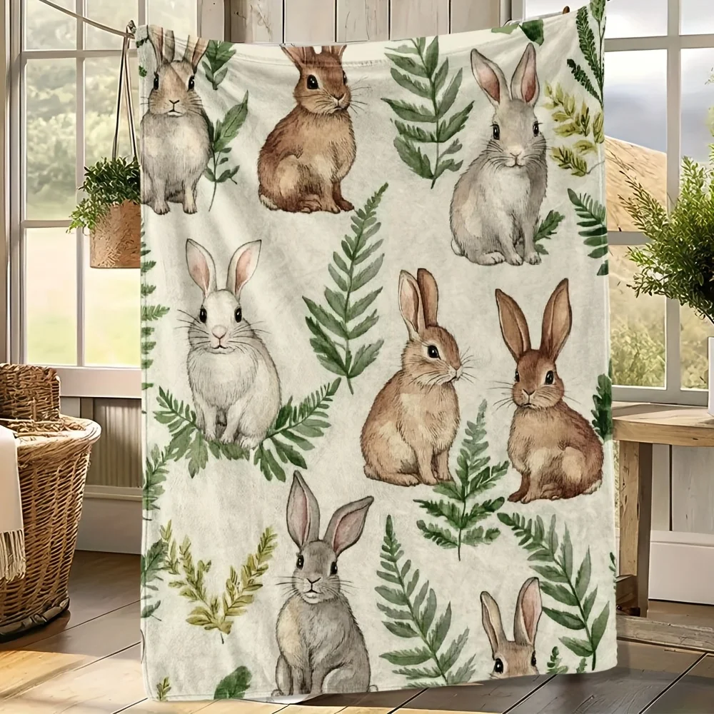 Woodland Bunny Throw Blanket Polyester Cozy Nursery Decor Farmhouse Rabbit Print Throw Gift for Kids Bedroom Autumn
