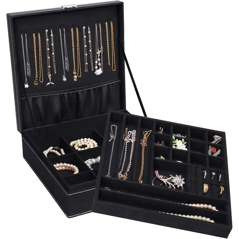 

Штабелируемая бархатная шкатулка для драгоценностей с замком для женщин — двухслойный органайзер для ожерелья, серег, браслетов, колец, часов