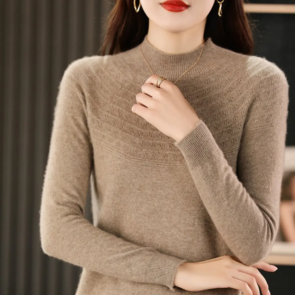 

Женская одежда первой линии, вязаный свитер с полувысоким воротником, свободный облегающий крой на осень и зиму