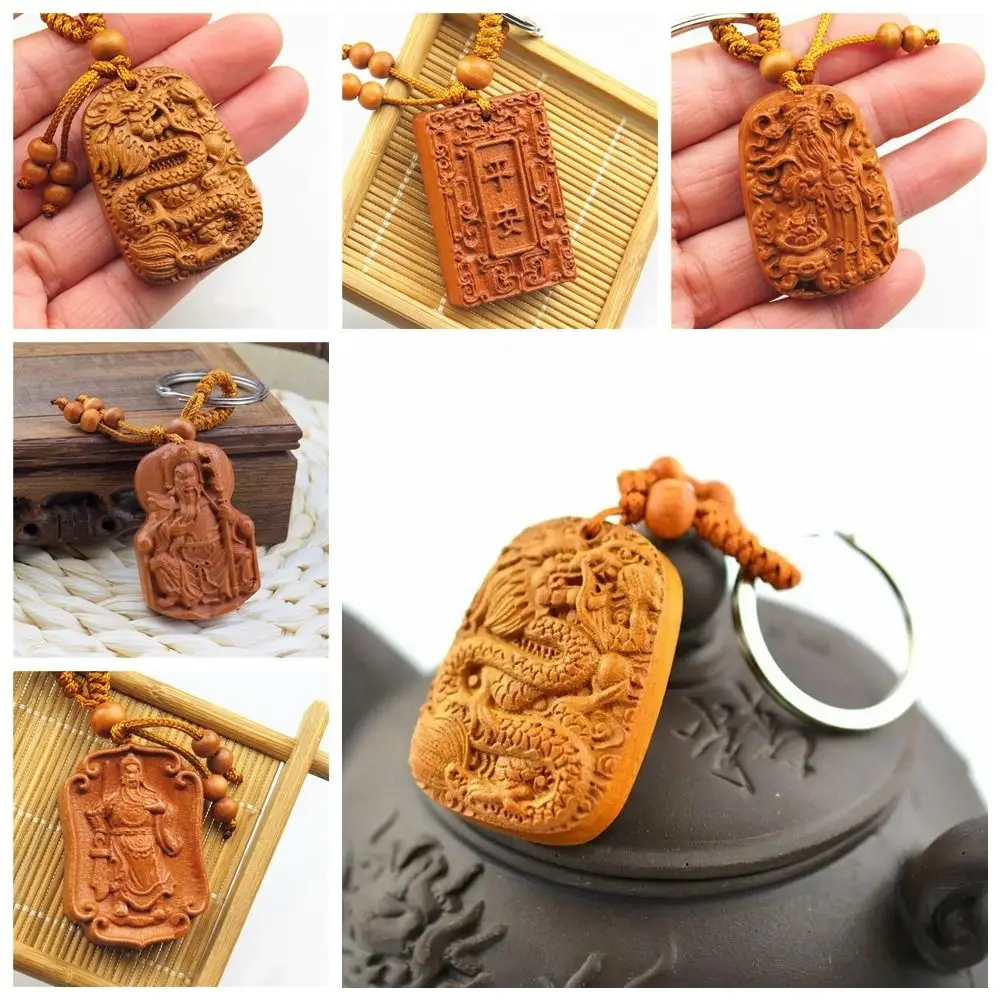 Peach Wood Carving Chinese Dragon Lucky Statue Pendant Buckle Keychain Keyring Chinese Dragon Home Decoration Accessories