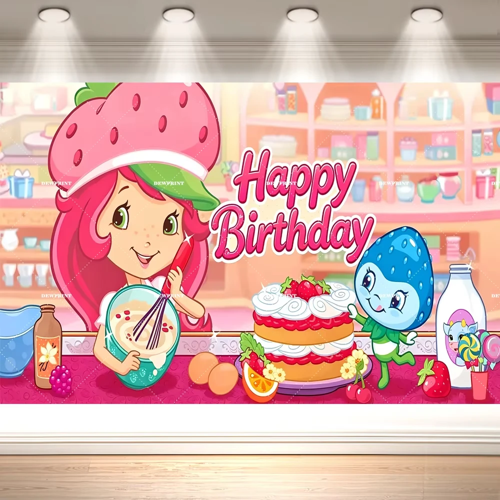 Strawberry Dessert Birthday Party Backdrop Background Pastel Gardens Berries Cream Cartoon Girls Balloon Cake Banner Photo Booth