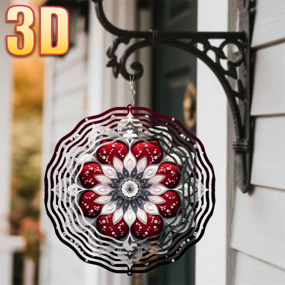 3D Red&White Mandala Flower 360° Rotating Wind Spinner 25.5cm Garden Hook Decor