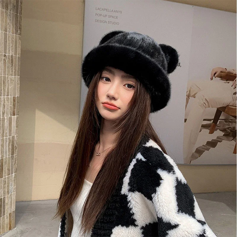 New Women's Winter Warm Mink Hair Hat Real Fur Casual Korean Top Hat Thickened Stylish Outdoor Elegant Fisherman Hat 2023