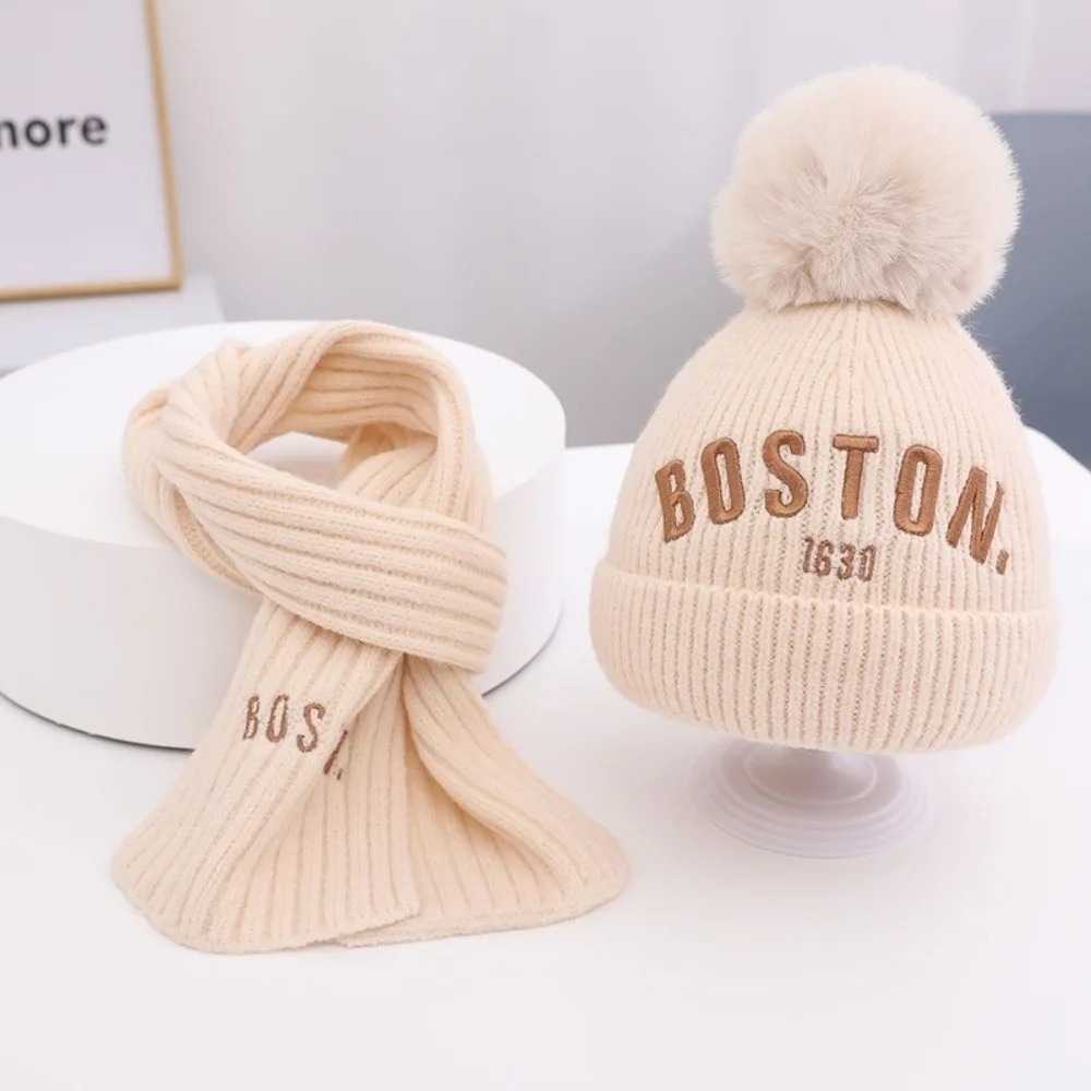 

New BOSTON Embroidery Scarf Hat Set Warm Windproof Pullover Cap Coldproof Beanie Hat Outdoor Sports