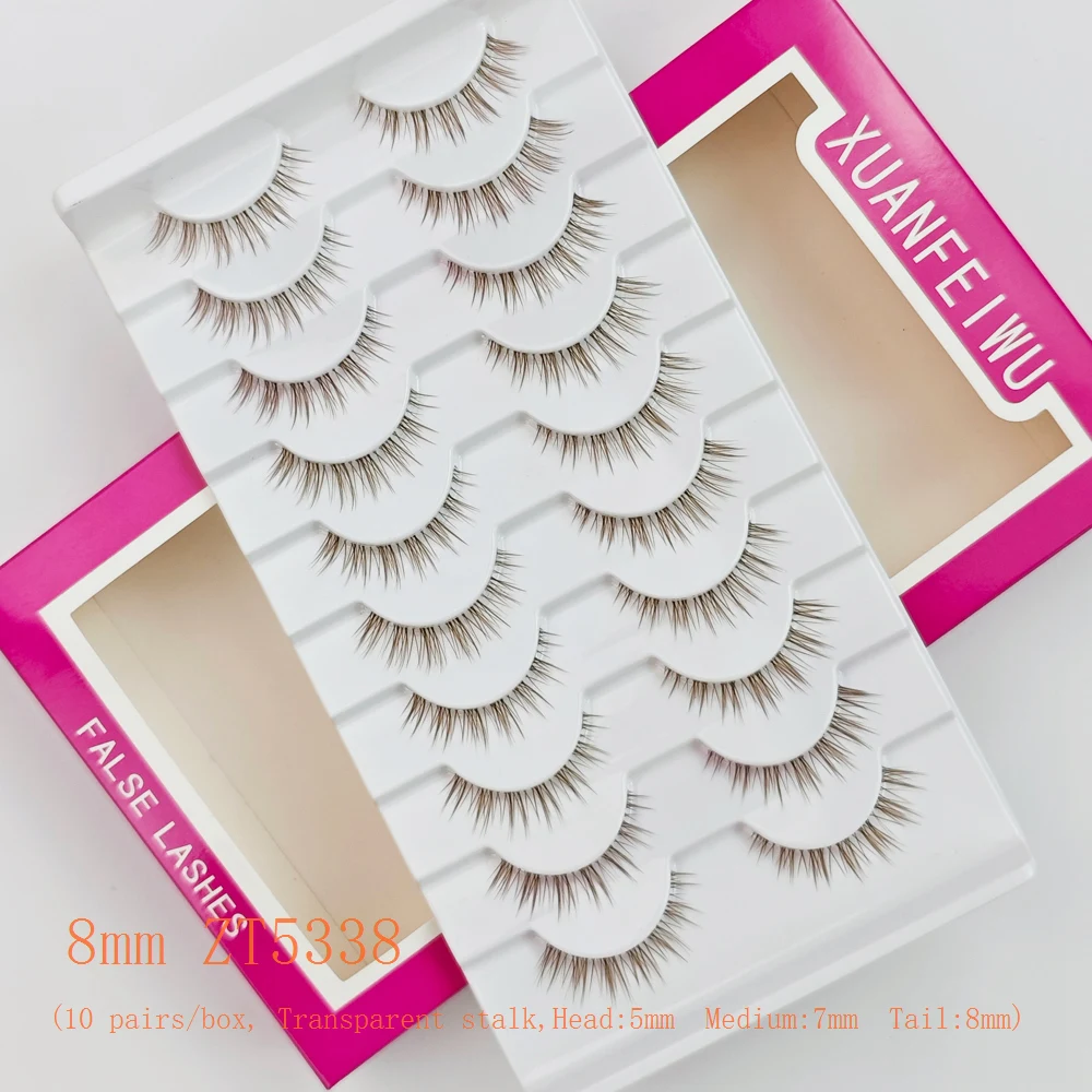 Xuanfeiwu natürliche schräge hellbraune karamellfarbene Wimpern mit transparentem Stiel, vorne kurz und hinten lang, länglich an der Außenecke, falsche Wimpern im Fuchsstil, einteiliges, natürliches Make-up, realistische Wimpern