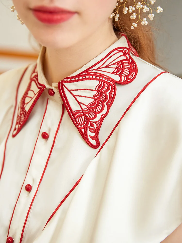 Women\'s Butterfly Embroidered Ruffled Sleeveless Shirt,Summer