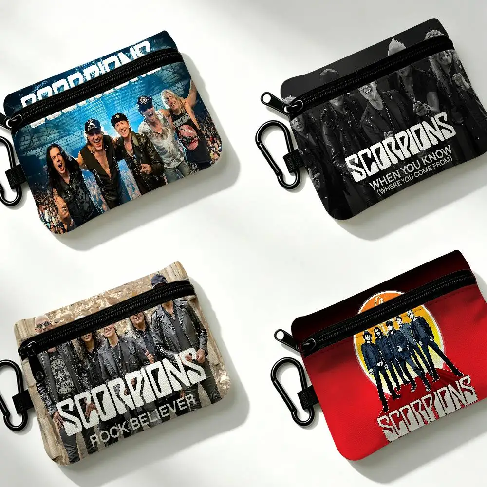 Hard Rock Band S-Scorpions Portable Oxford Cloth Coin Purse Alloy Carabiner Hook Small Zipper Pouch For Backpack Belt Daily