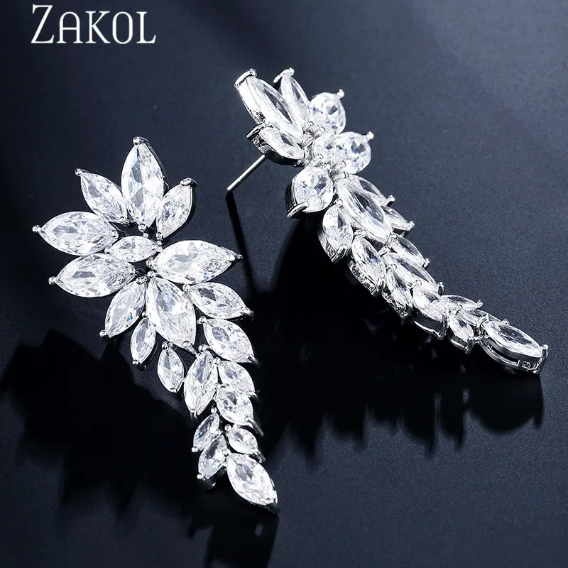 ZAKOL Luxury Marquise Cut Cubic Zirconia Leaf Long Dangle Earrings for Women Bridal Wedding Dinner Jewelry Birthday Gift EP2329