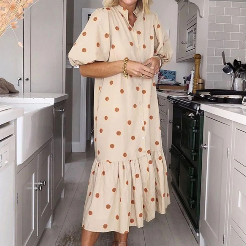 Fashion Printed Polka Dot Stand-up Collar Women's Loose Shirt Dresses Summer Casual  Elegant Female Beach Party Home Wear Dress