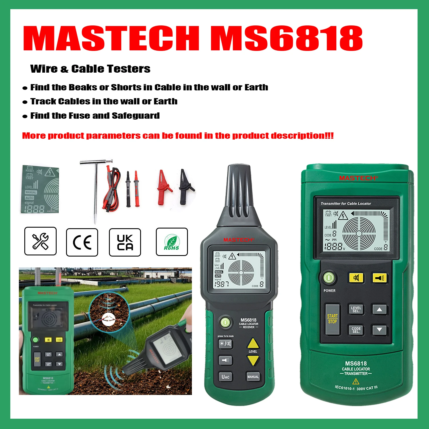 MASTECH MS6818 probadores de cables y cables profesionales portátiles, rastreador de cables, localizador de tubos de Metal, Detector, probador, rastreador de línea