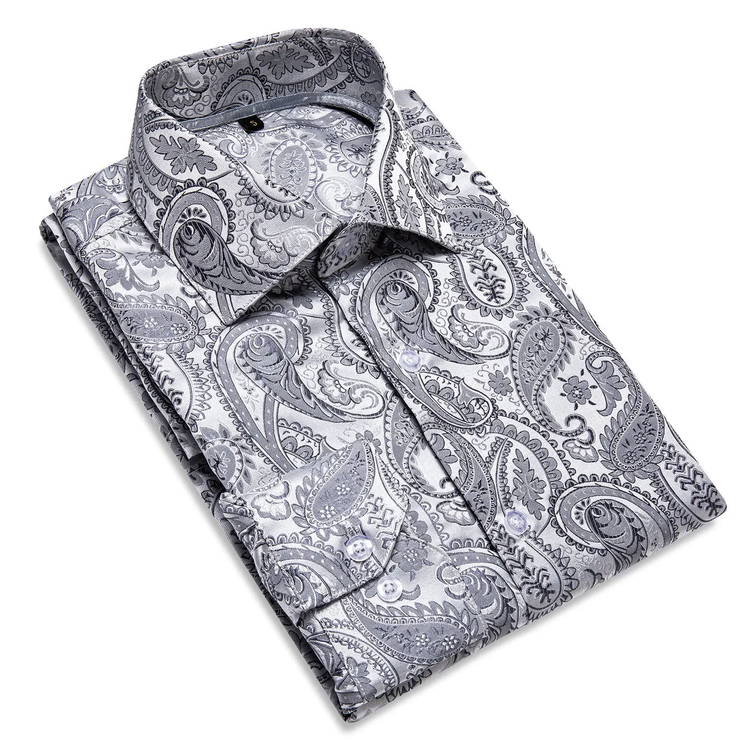 Lange Mouwen Voor Mannen Grijs Blauw Zwart Business Social Mode Paisley Zijde Shirt Mannen Kleding