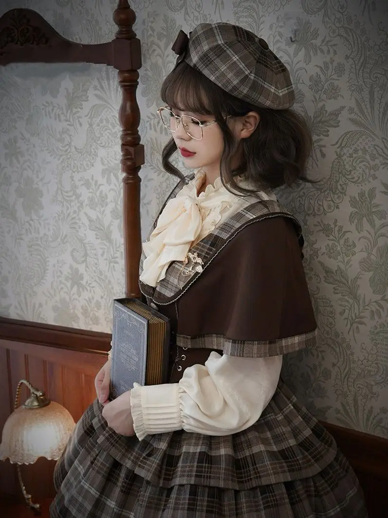 Coalfell Lolita Detective Academy Style Maillard Retro Bow Tie Long Sleeved Shirt for Women Paired with Lolita Top