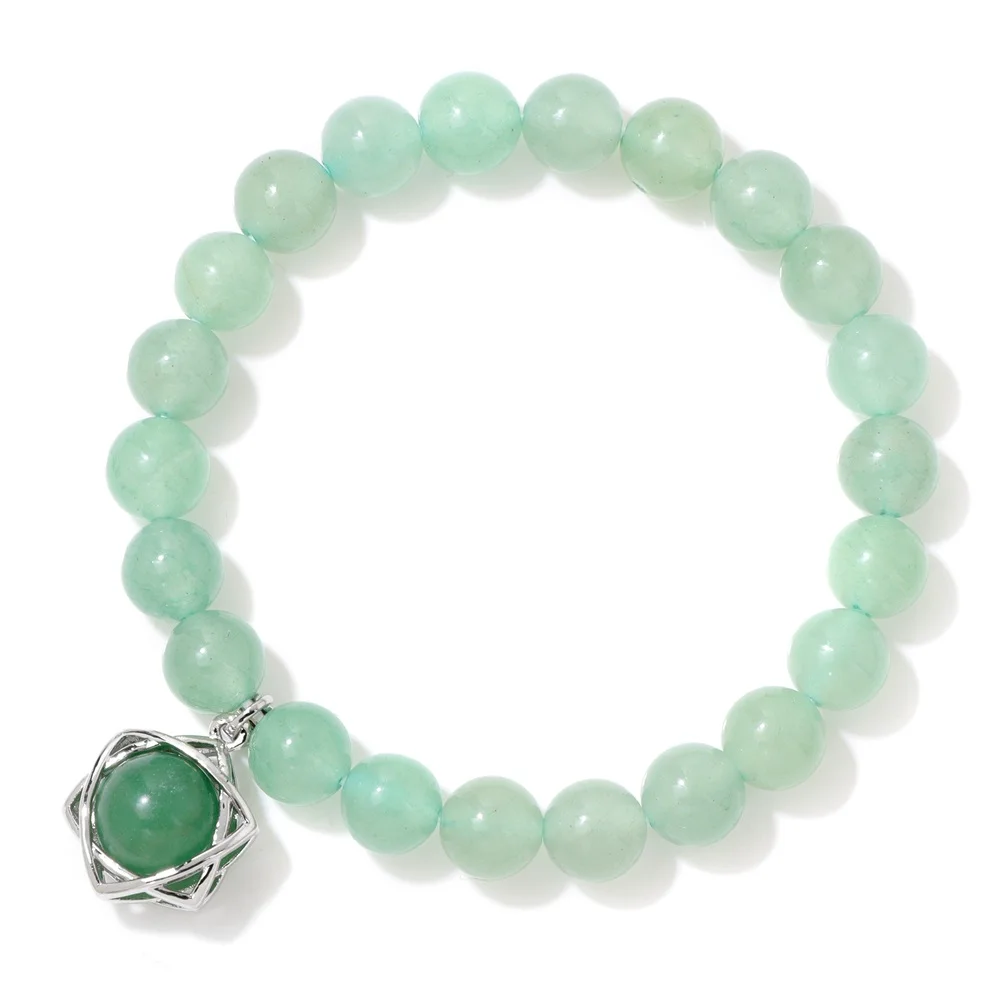 Natrual Stone Hexagram Charm Bracelet Green Aventurine Rose Quartzs Indian Agates Beads Elastic Bracelets for Women Men Jewelry