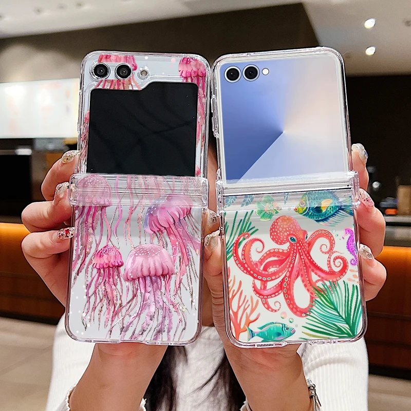 Shark Turtle Ocean Printed Phone Case For Samsung Galaxy Z Flip 7 FE 6 5 4 3 5G Folding Hard PC Clear Cover For Samsung Z Flip6