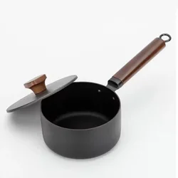 16cm Cast Iron Saucepan, Nonstick Sauce Pan Small Pot with Lid, Solid Wood Handle, 2L Saucepan, Small Pot with Lid for Cooking