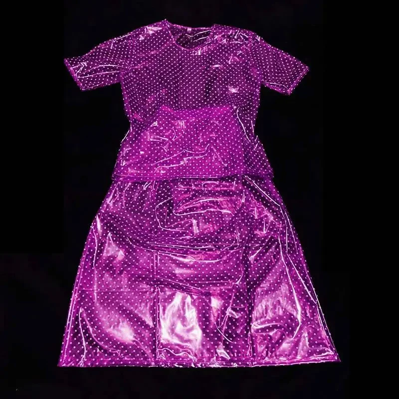 Men's Women PVC Polka Dot Soft Sheer Short Sleeved Loose Pullover Plastic Long Skirt Round Neck T-shirt ABDL Lantern Pants