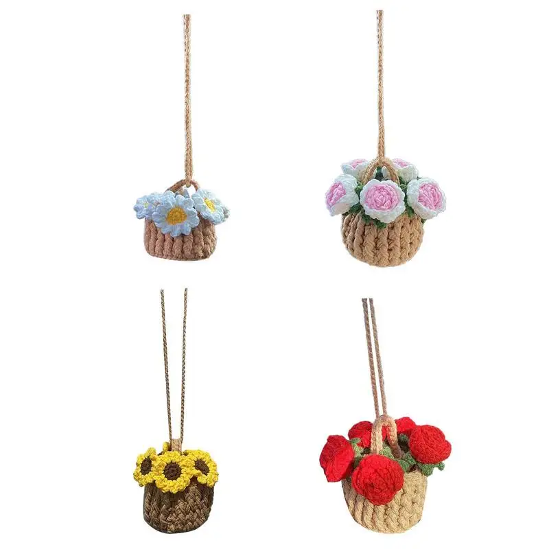 Crochet Flowers Boho Car Folwer Crochet Hanging Basket Hang Rose Sunflower Daisy Car Ornament Rear View Mirror Accessories Decor