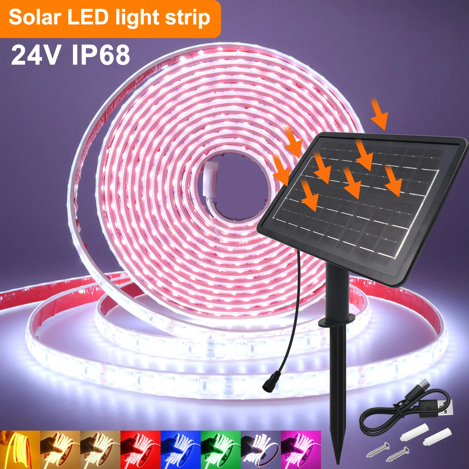 IP68 Waterproof Solar LED Strip Light 24V SMD2835 120Leds/m Flexible Ribbon Tape White Warm Red Blue Pink Garden Lamp Home Decor