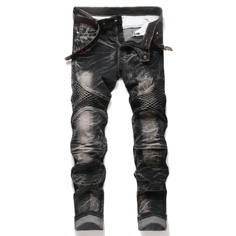 

Y2K Style Men's Distressed Black Biker Jeans Pleated Slim Wash Denim Pants Mesh Patchwork High Street Fashion Trousers for Men