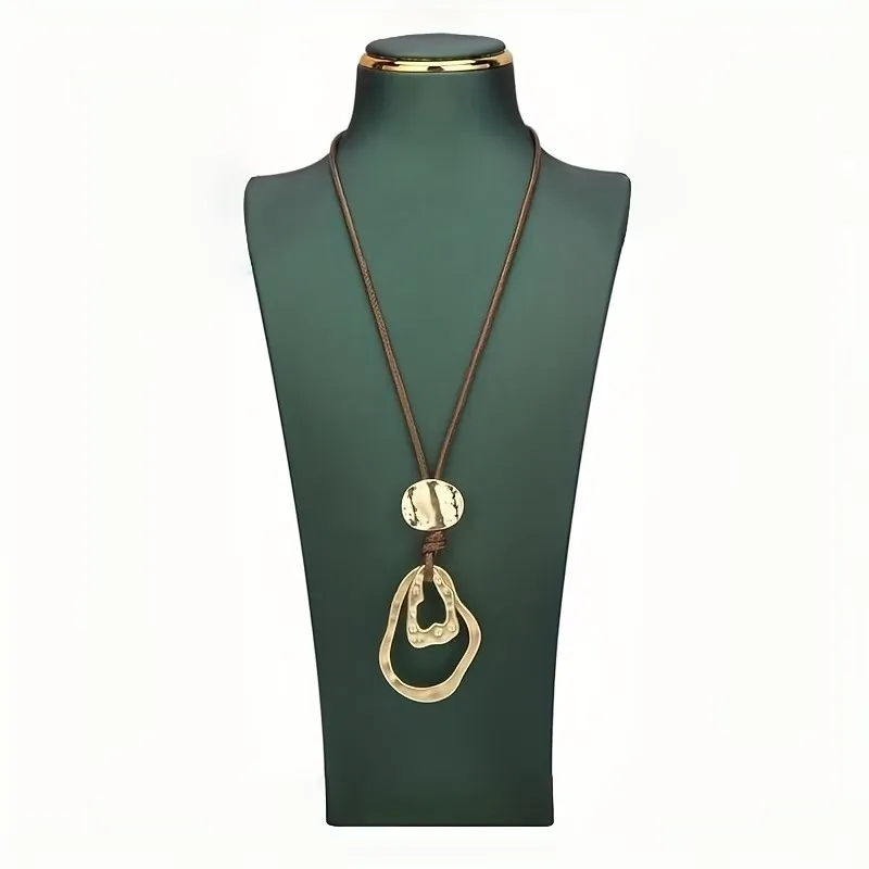 Boho-Stil Braune Leder-Halskette mit Geometrischem Unregelmäßigem Rundem Hohlem Anhänger für Frauen Lange Choker-Schmuckstücke Geschenke – Detail 2