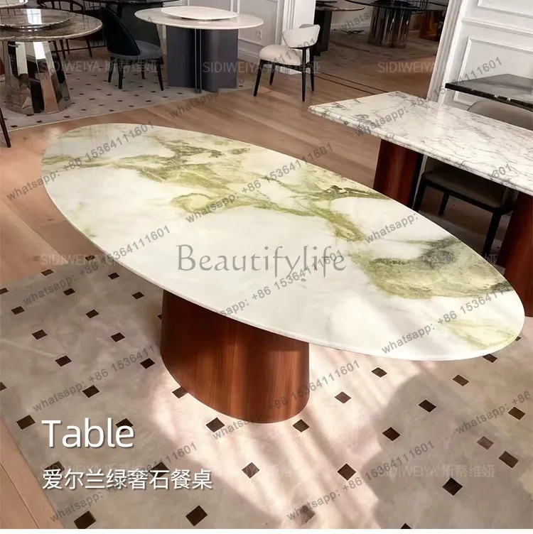 YJ Irish Green Luxury Stone Elliptical UFO Dining Table French Mid Century Italian Solid Wood Marble Household Table
