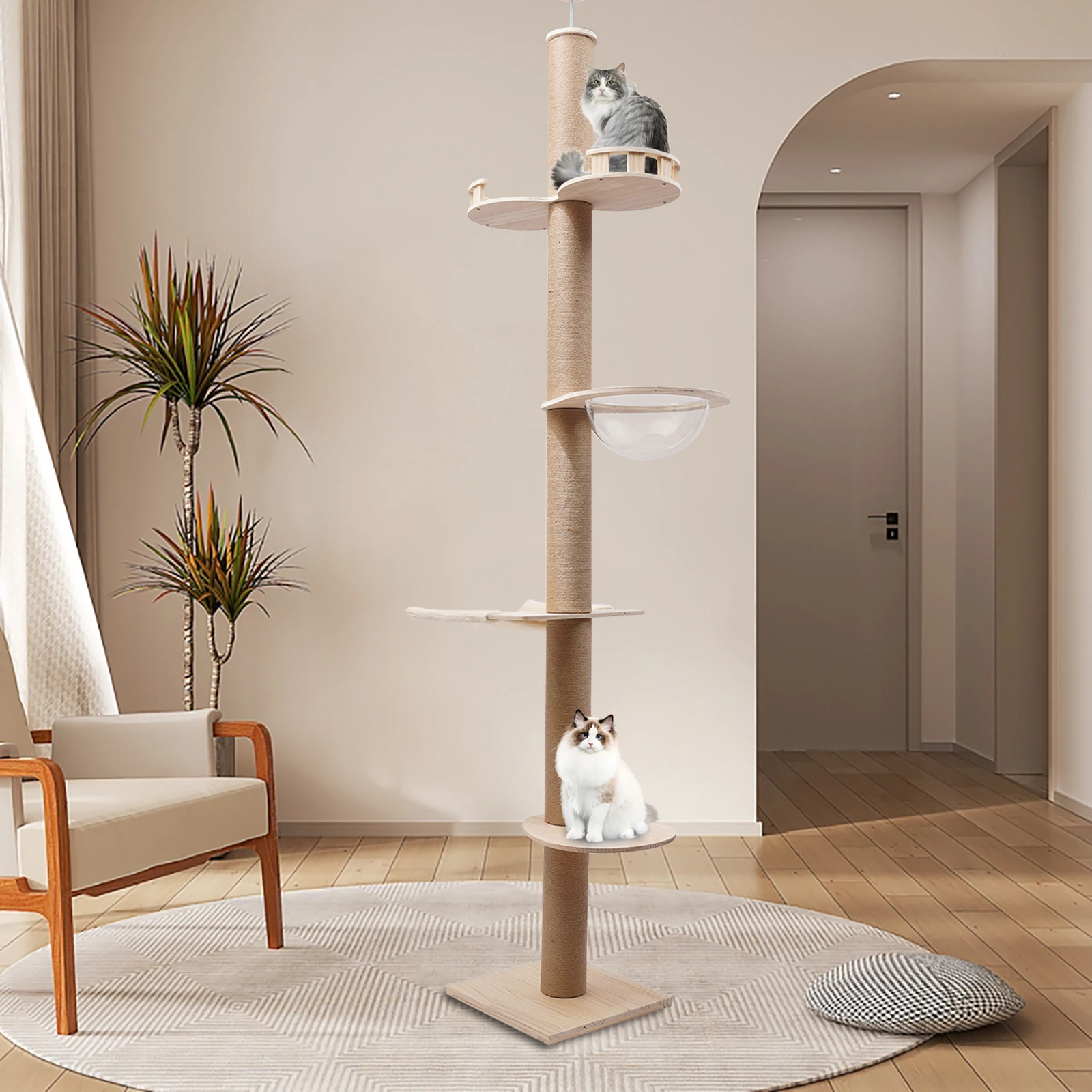 Floorstanding Cat Tree Cats Climbing Tower Rack Cat's Villa Scratching Posts Ceiling with Space Capsule Adjustable Height