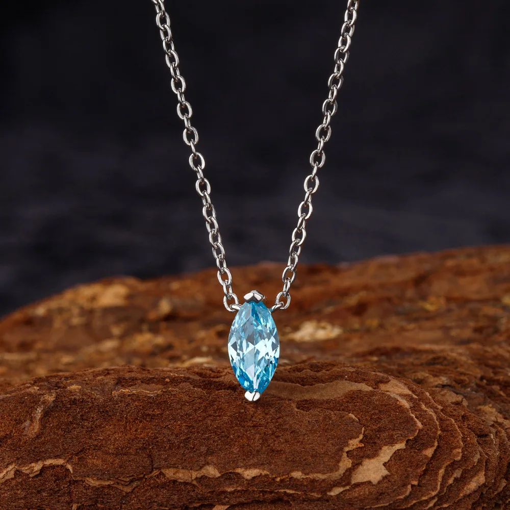 2024 New Product 5 * 10 Horse Eye Sea Blue Zircon Necklace S925 Pure Silver Pendant from Europe and America