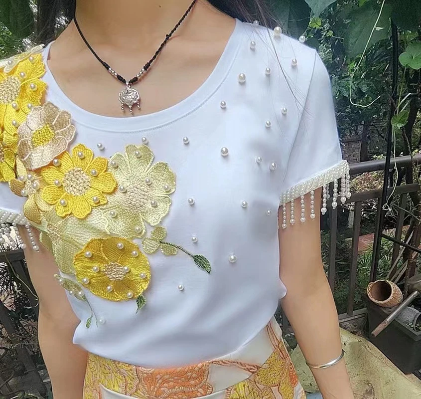 Luxury Style Pearls Beaded Flowers Embroidery Cotton T-shirt For Women 2024 Summer Tops Tees  T shirt  Short Sleeve Jumpers Top