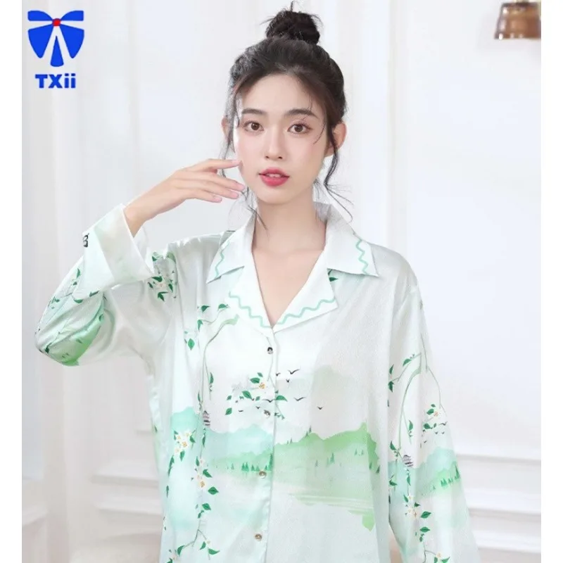 High-grade Ice Silk Pajamas Women's Long-sleeved Trousers Thin Imitation Silk Spring and Autumn Home Clothes Age-reducing