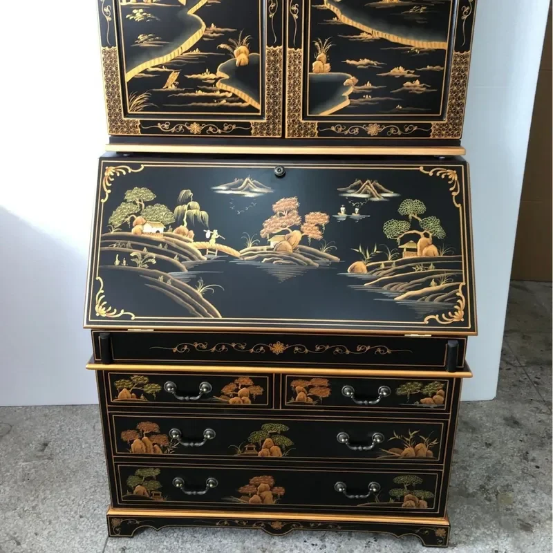 Retro Hand Painted Landscape Secretary Cabinet American French Chinese Style Decorative Storage Unit Antique Wine Bucket